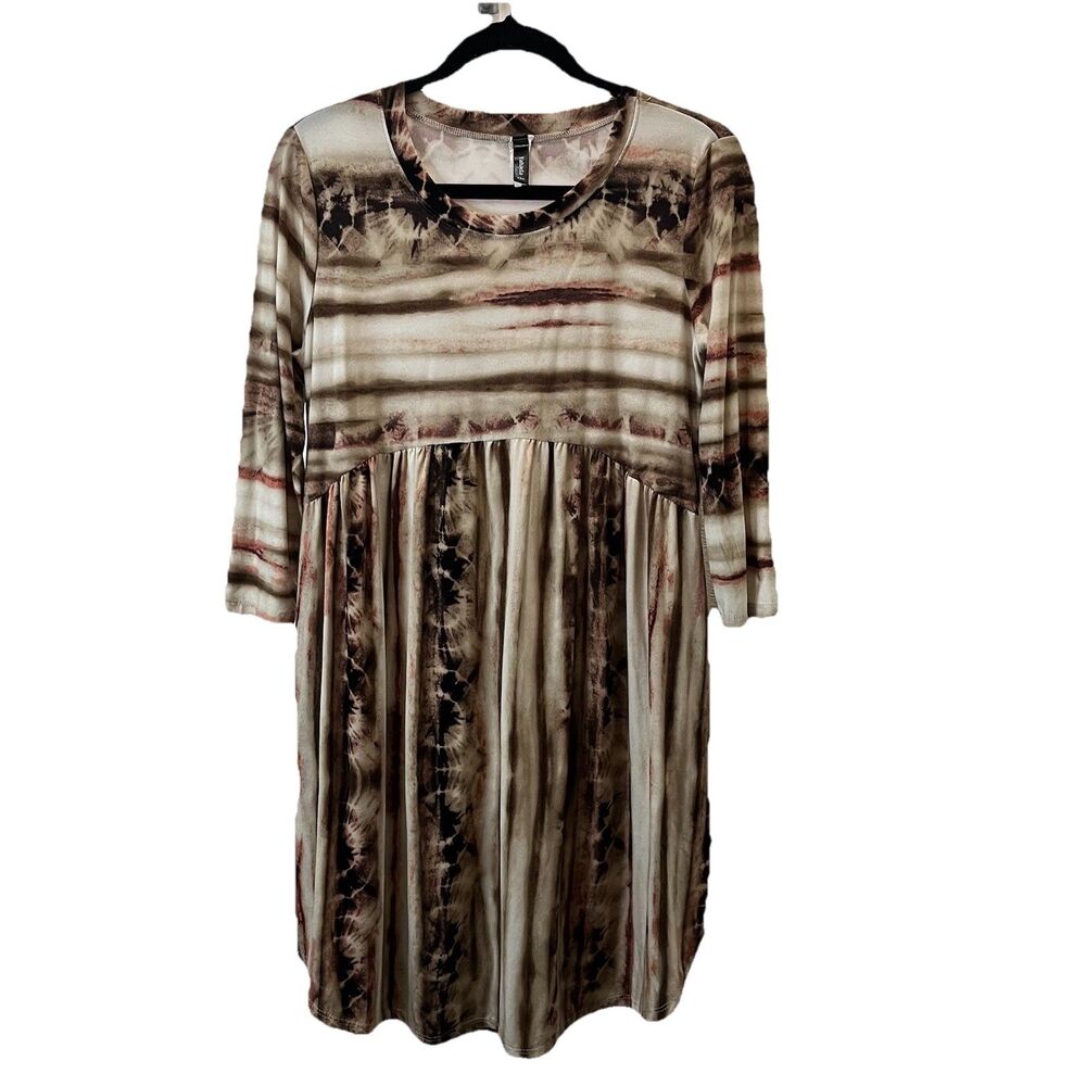 Yahada Tan Brown Striped Tie Dye 3/4 Sleeve Midi Dress Boho Pocket Womens Size M